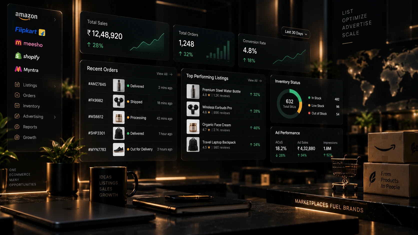 Dark commerce operations dashboard illustration