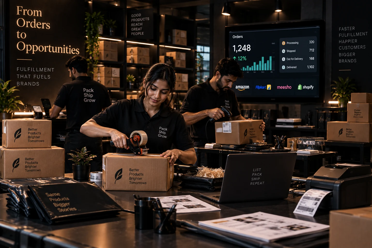 Operations team preparing and packing product orders