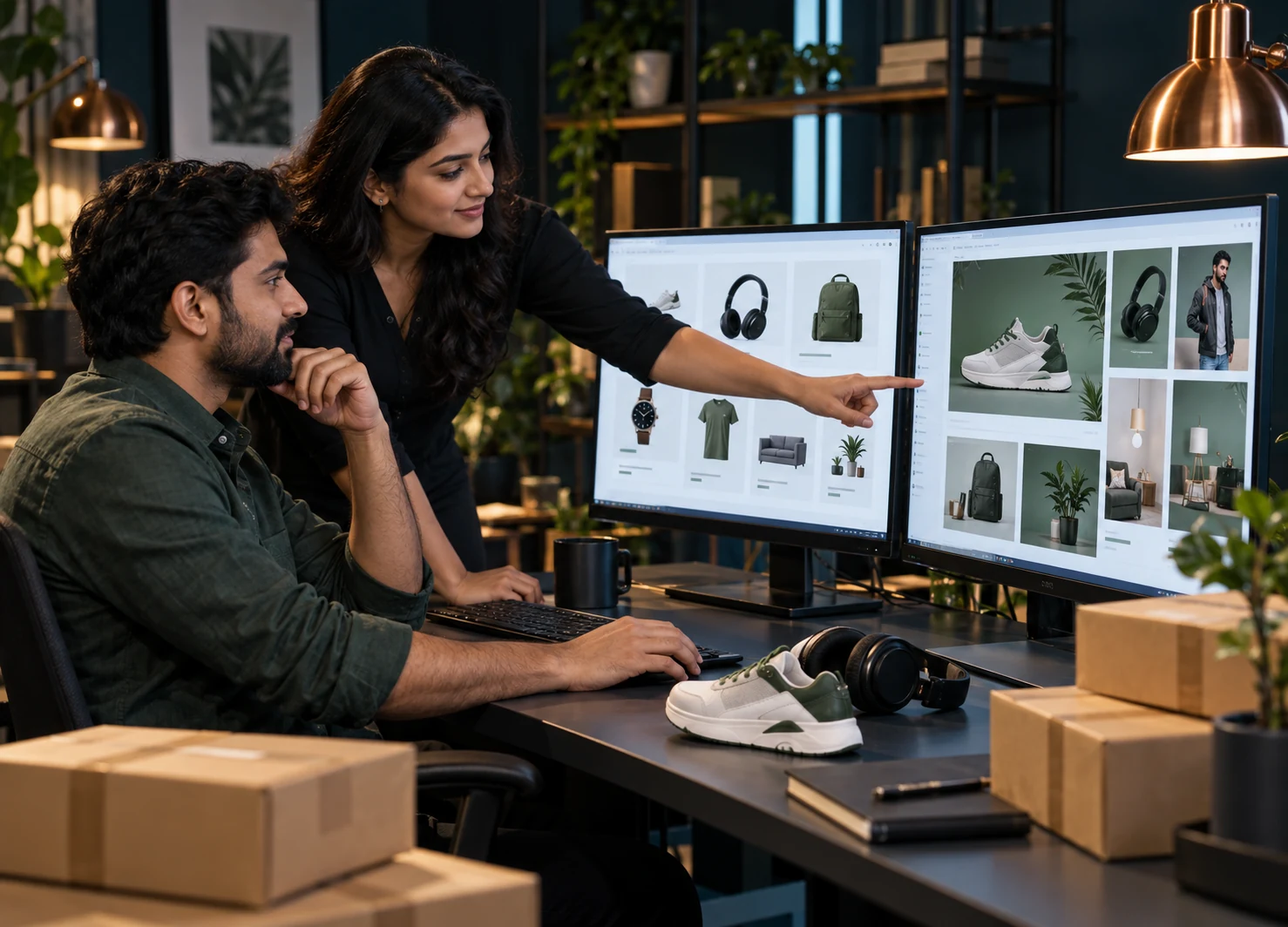 E-commerce specialists managing client catalogues and advertising