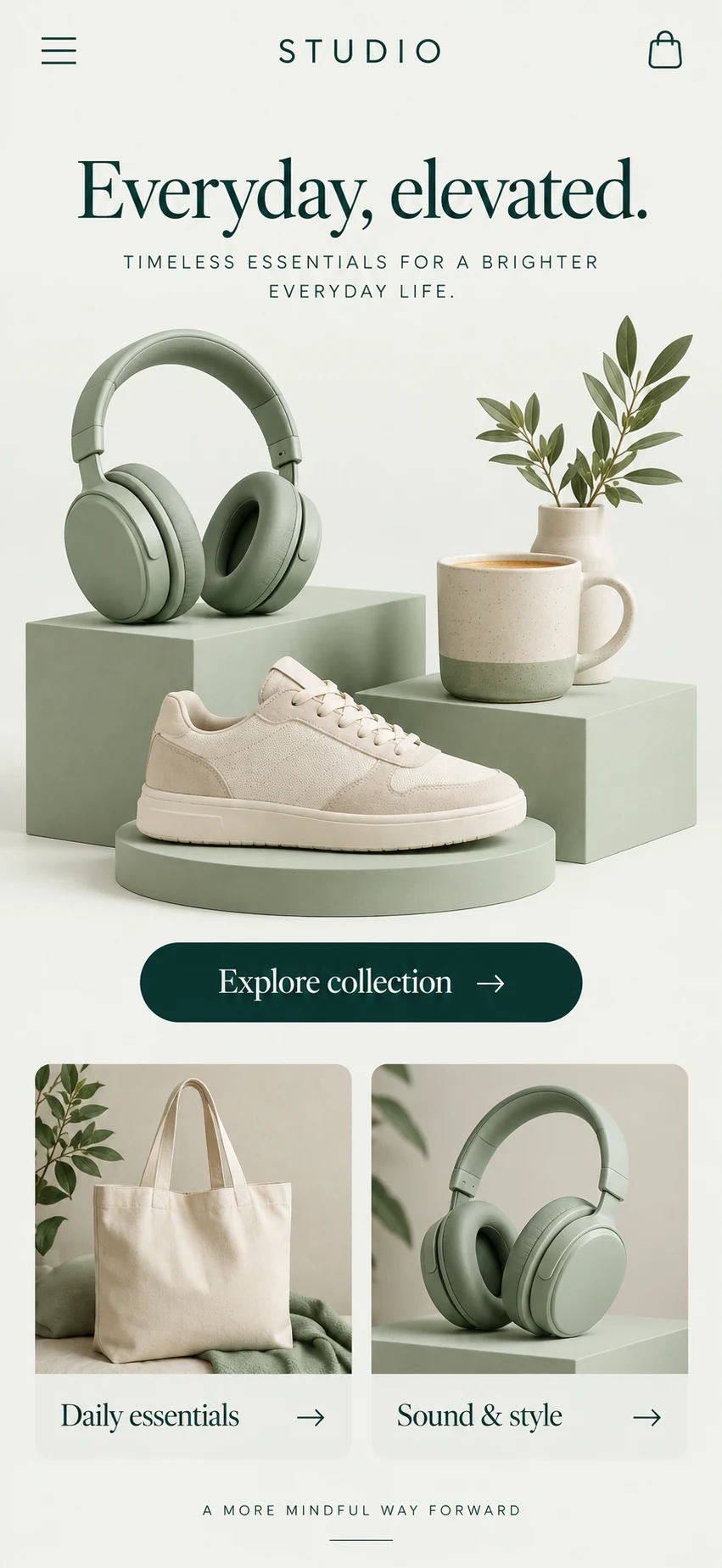 Sage and ivory mobile storefront design for a client brand