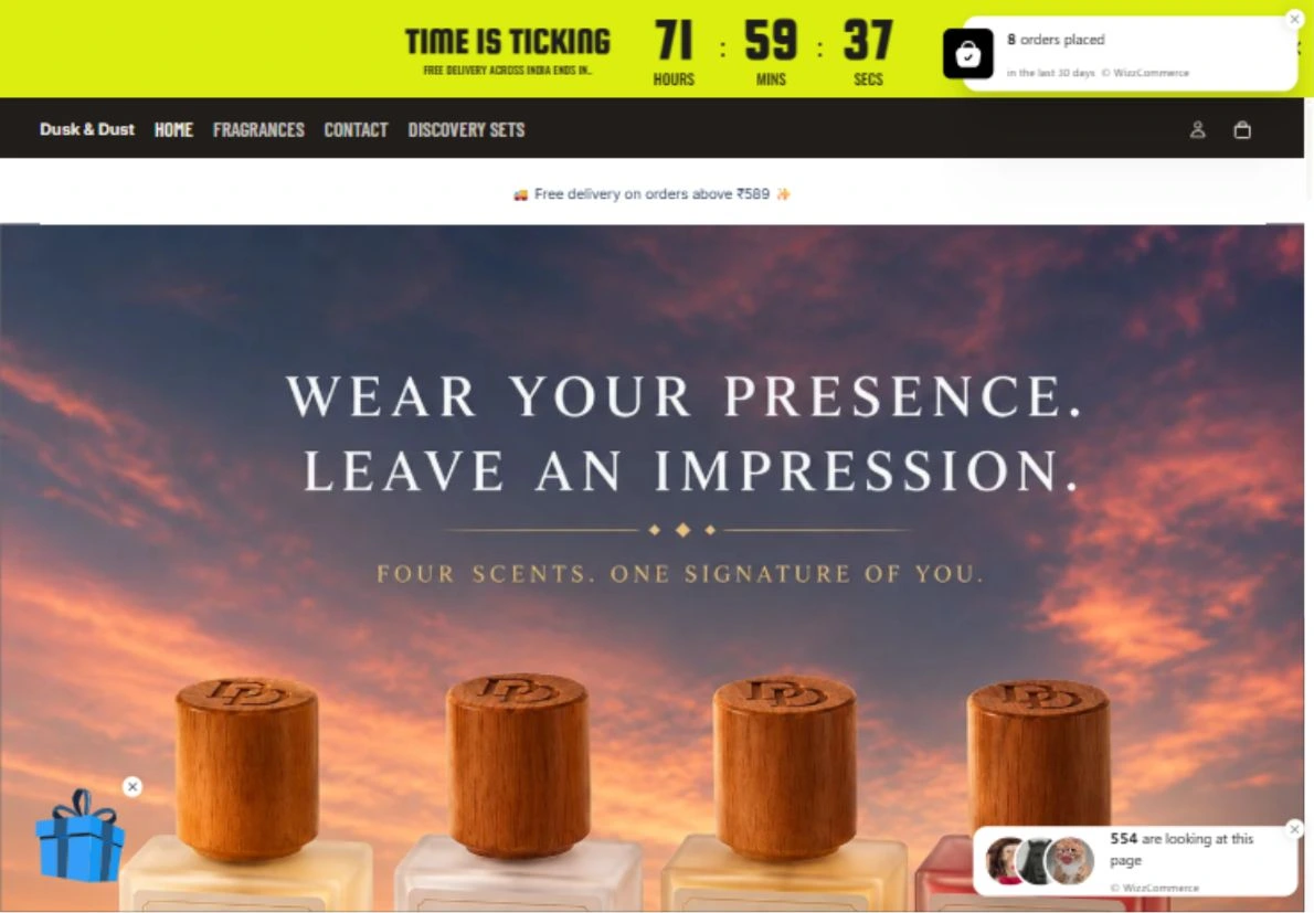 Actual Dusk and Dust desktop homepage featuring its fragrance collection