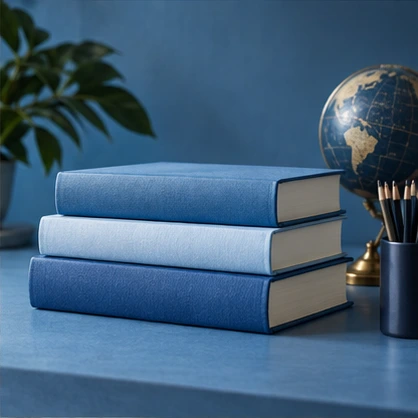 Books and learning materials in a blue editorial still life