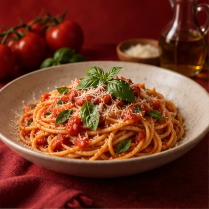 Freshly plated pasta with tomatoes and herbs