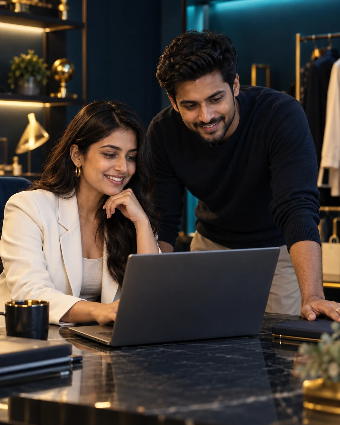 Illustrative Indian woman and man collaborating in a creative studio