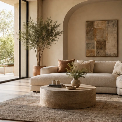 Warm, contemporary living room with natural materials