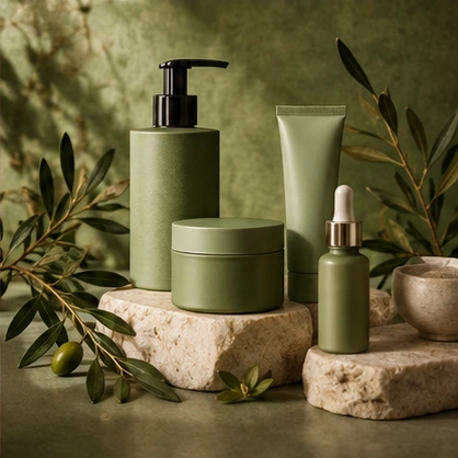 Minimal skincare products against an olive green setting