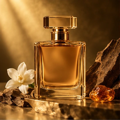 Amber perfume bottle in a warm, luxurious still life