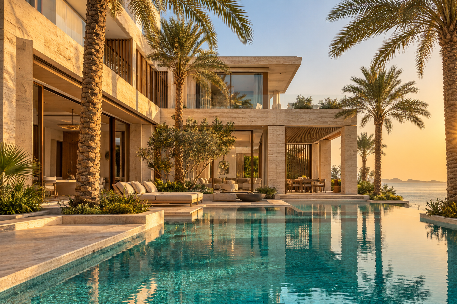 Coastal modern villa framed by palms and a sunlit pool