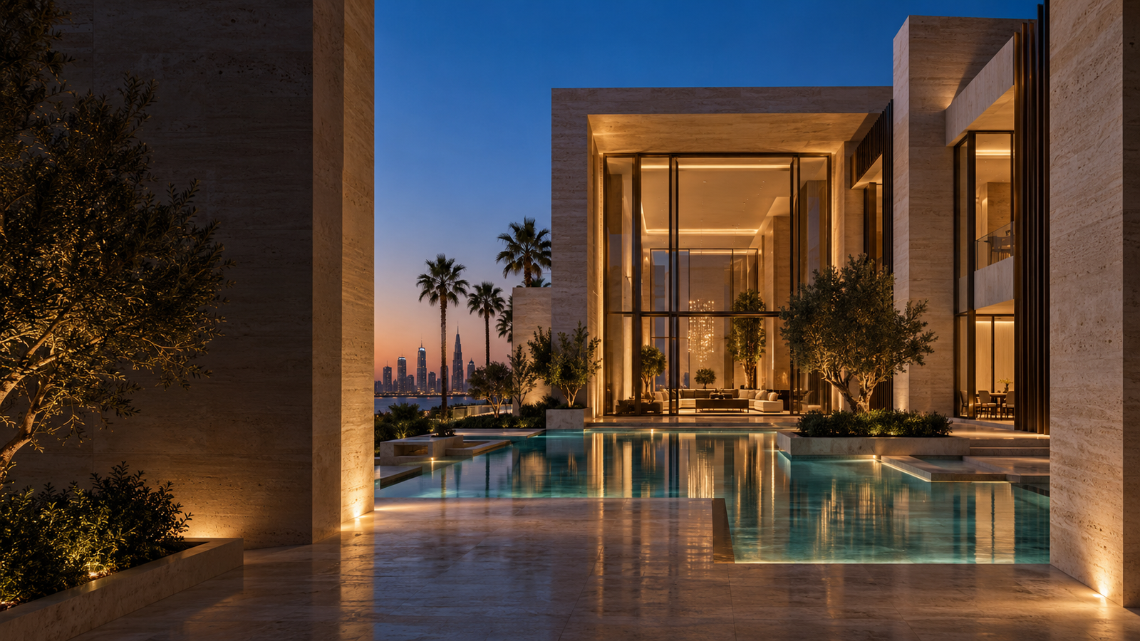 Stone villa with a tranquil courtyard pool at dusk