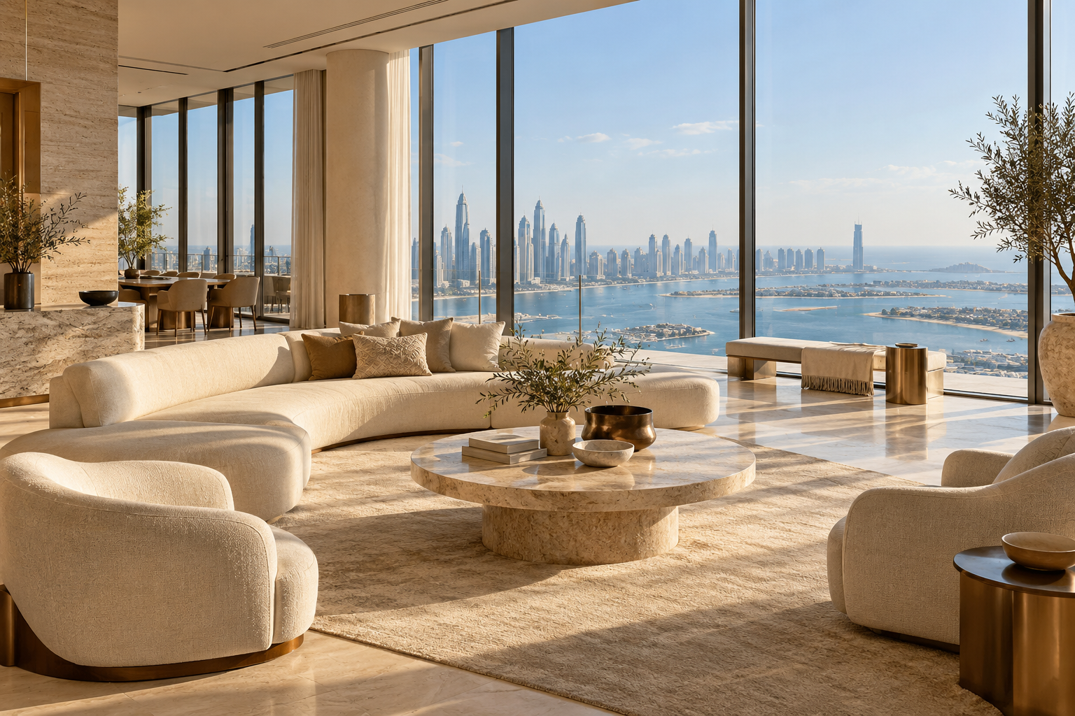Sculptural penthouse living room overlooking the sea