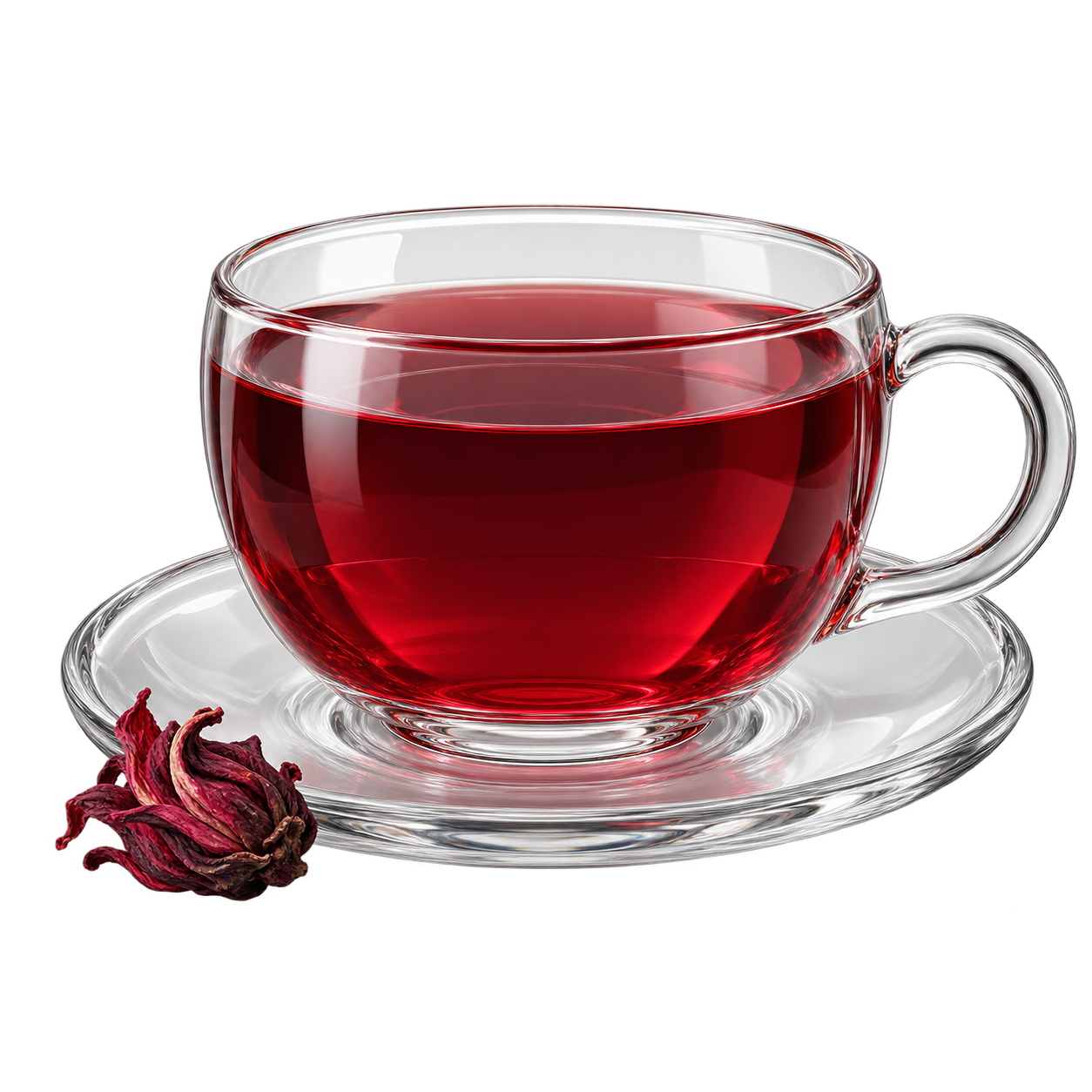 Ruby-red hibiscus infusion in a clear glass cup beside a dried flower
